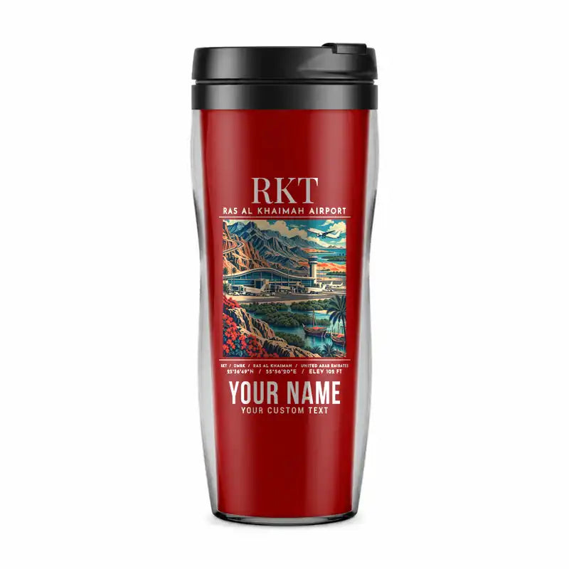 Ras Al Khaimah International Airport (RKT) Travel Mugs - Poster + Name - Plastic (No Holder) - Red