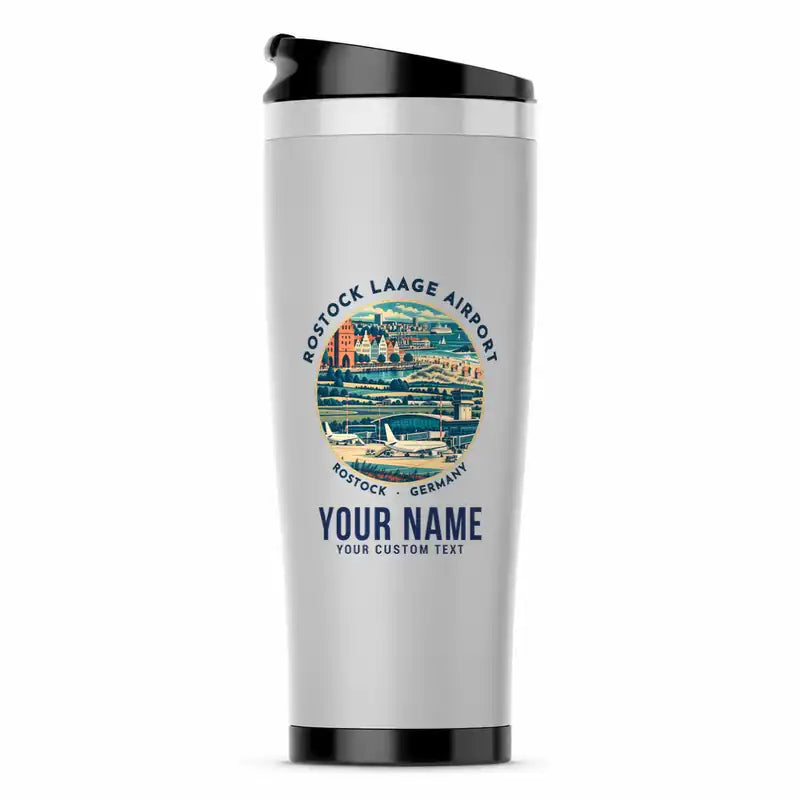 Rostock-Laage Airport (RLG) Travel Mugs - Badge + Name - Stainless Steel (No Holder) - Light Gray
