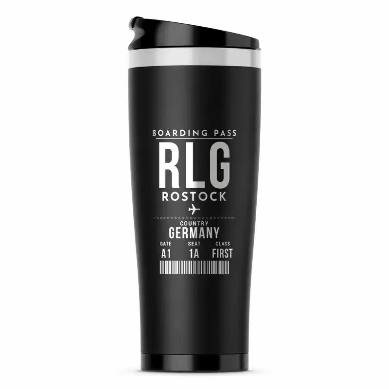 Rostock-Laage Airport (RLG) Travel Mugs - Boarding Pass - Stainless Steel (No Holder) - Black