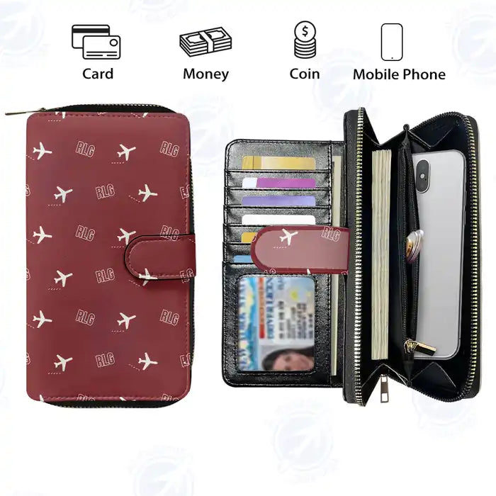 Rostock-Laage Airport (RLG) Leather Wallets - Zip Long Wallet - Pattern - Dark Red
