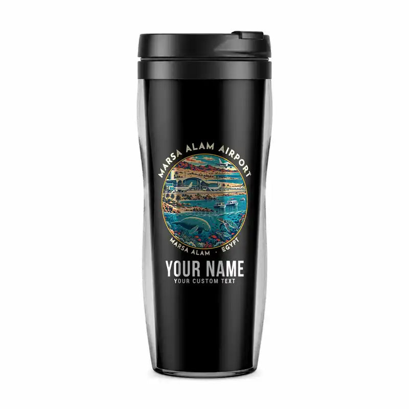 Marsa Alam International Airport (RMF) Travel Mugs - Badge + Name - Plastic (No Holder) - Black