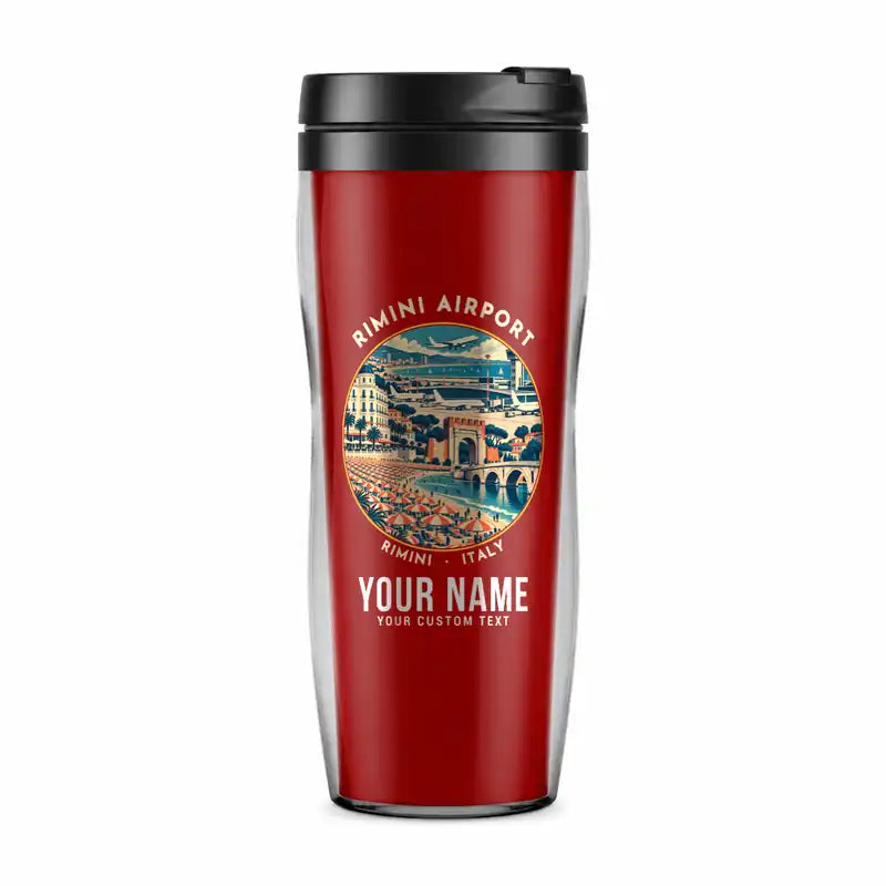 Federico Fellini International Airport (RMI) Travel Mugs - Badge + Name - Plastic (No Holder) - Red