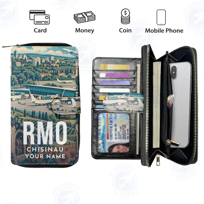 Chisinau Eugen Doga International Airport (RMO) Leather Wallets - Zip Long Wallet - Scene + Name