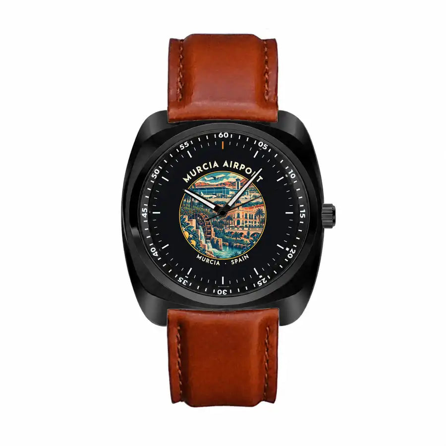 Región de Murcia International Airport (RMU) Aviator Watches - Badge - Luxury Cushion - Black & Dark Brown Strap