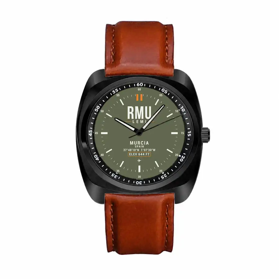 Región de Murcia International Airport (RMU) Aviator Watches - Classic - Green Army - Luxury Cushion - Black & Dark Brown Strap