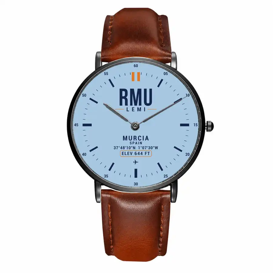 Región de Murcia International Airport (RMU) Aviator Watches - Classic - Light Blue - Slim Leather - Black & Brown Leather Strap