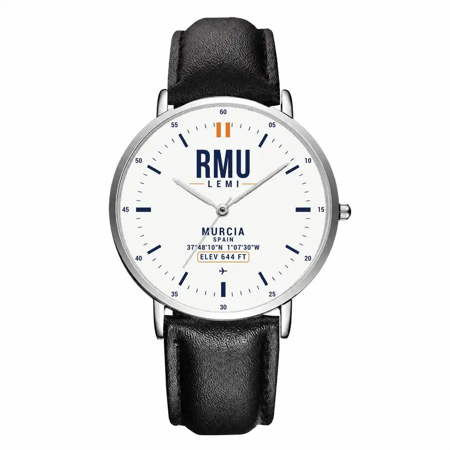 Región de Murcia International Airport (RMU) Aviator Watches - Classic - White - Slim Leather - Silver & Black Leather Strap
