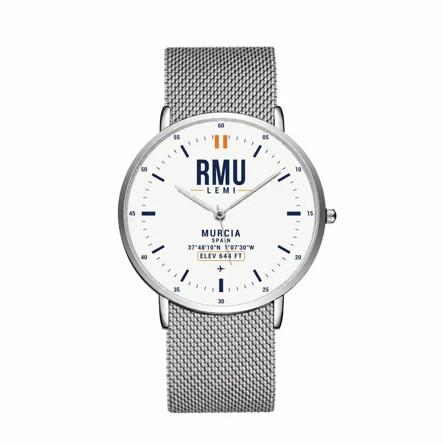 Región de Murcia International Airport (RMU) Aviator Watches - Classic - White - Slim Mesh - Silver & Silver Stainless Steel Strap