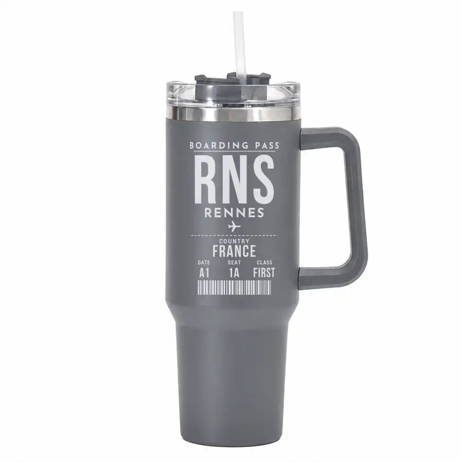 Rennes–Saint-Jacques Airport (RNS) Stainless Steel Mugs - Boarding Pass - 40oz Car Mug - Gray