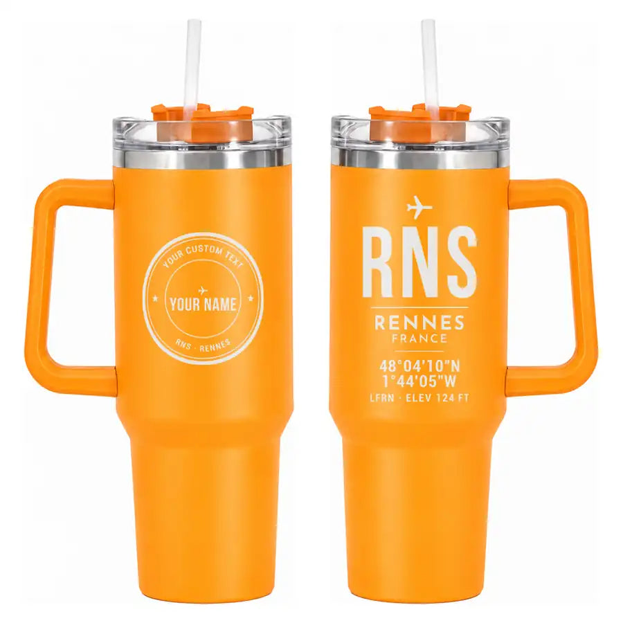 Rennes–Saint-Jacques Airport (RNS) Stainless Steel Mugs - ID Tag + Custom Back - 40oz Car Mug - Orange