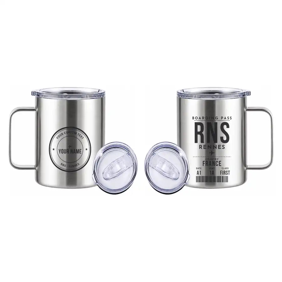 Rennes–Saint-Jacques Airport (RNS) Stainless Steel Mugs - Boarding Pass + Custom Back - Stainless Steel Mug - 14 oz / 400ML - Silver