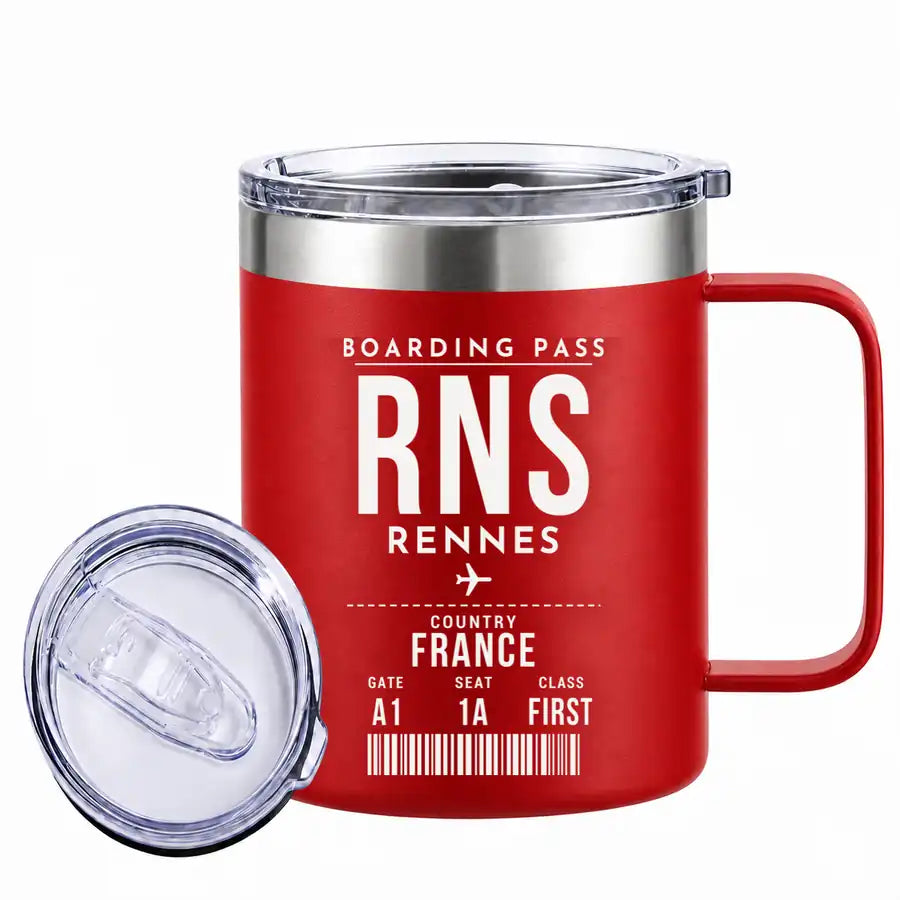 Rennes–Saint-Jacques Airport (RNS) Stainless Steel Mugs - Boarding Pass - Stainless Steel Mug - 14 oz / 400ML - Red