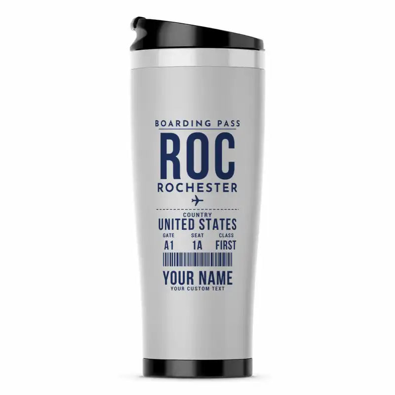 Frederick Douglass Greater Rochester International Airport (ROC) Travel Mugs - Boarding Pass + Name - Stainless Steel (No Holder) - Light Gray