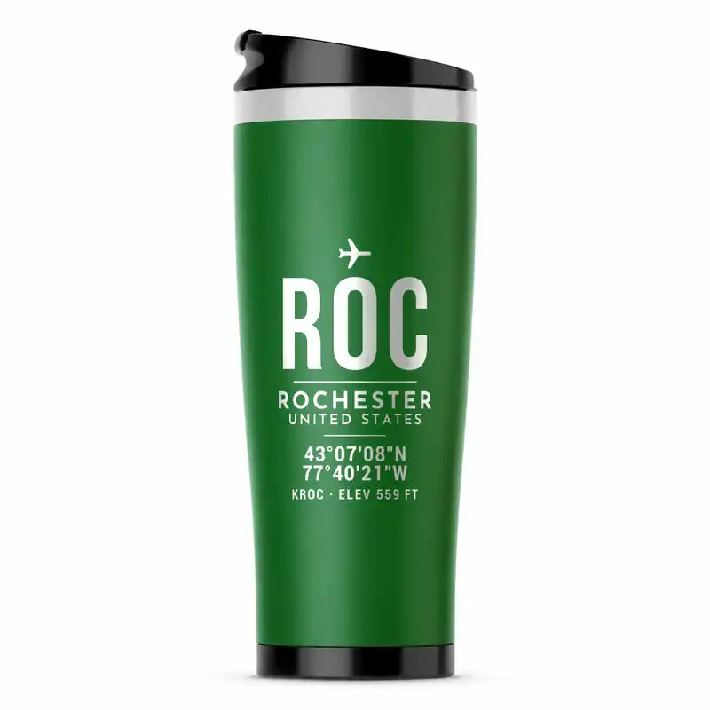 Frederick Douglass Greater Rochester International Airport (ROC) Travel Mugs - ID Tag - Stainless Steel (No Holder) - Green