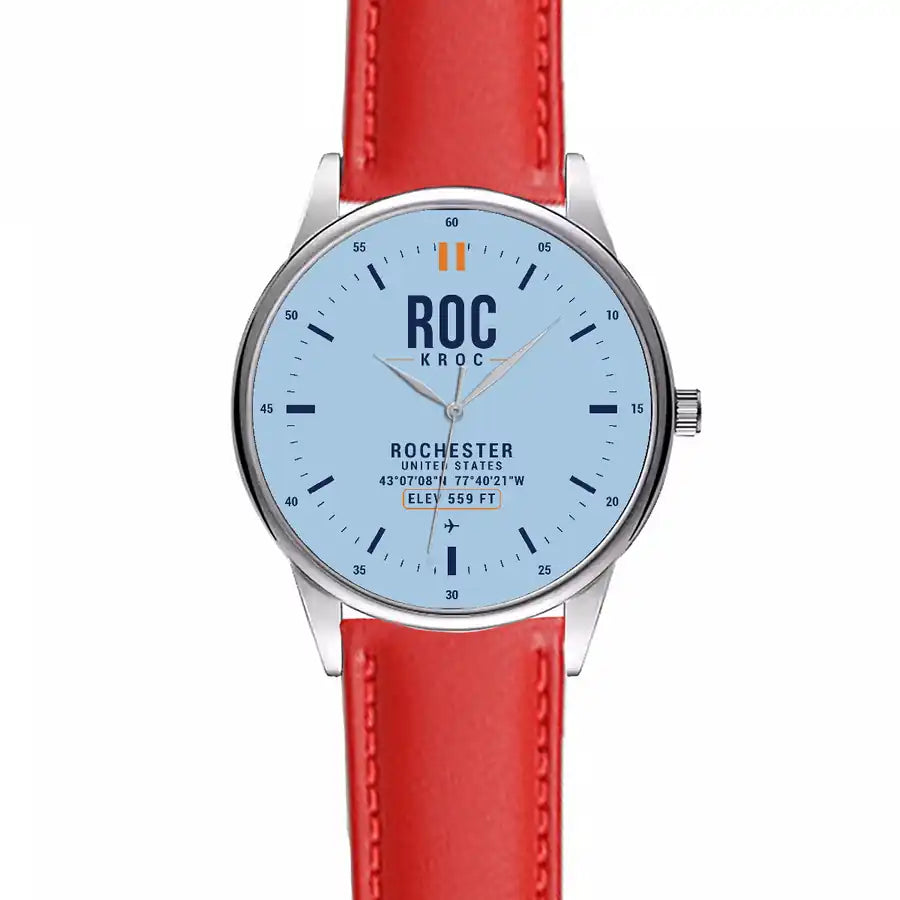 Frederick Douglass Greater Rochester International Airport (ROC) Aviator Watches - Classic - Light Blue - Leather Strap - Red Leather Strap