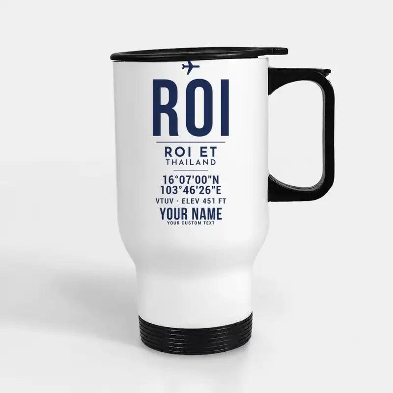 Roi Et Airport (ROI) Travel Mugs - ID Tag + Name - Stainless Steel with Holder - White