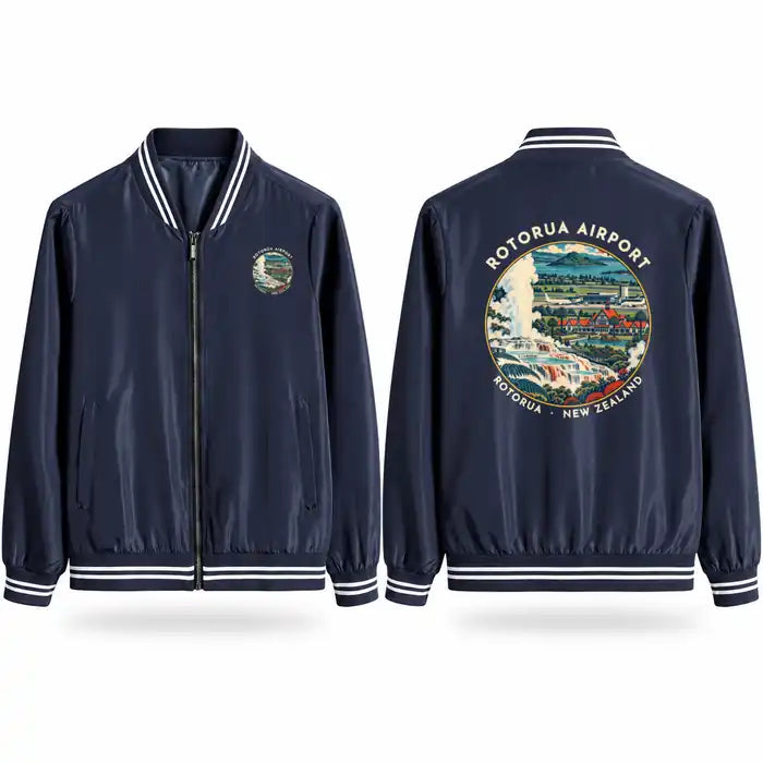 Rotorua Regional Airport (ROT) Stylish Jackets - Baseball Collar - Badge - Navy Blue