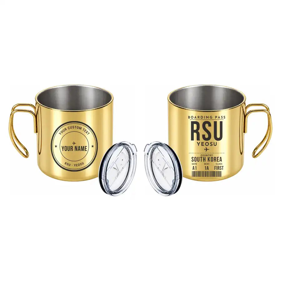 Yeosu Airport (RSU) Stainless Steel Mugs - Boarding Pass + Custom Back - Portable Mug - Gold