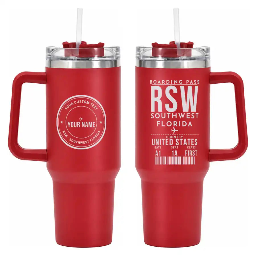 Southwest Florida International Airport (RSW) Stainless Steel Mugs - Boarding Pass + Custom Back - 40oz Car Mug - Red