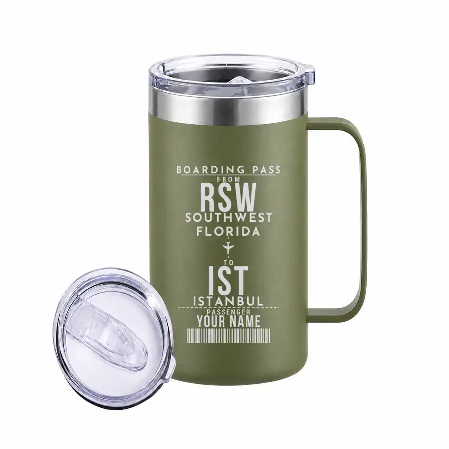 Southwest Florida International Airport (RSW) Stainless Steel Mugs - Customizable Boarding Pass - Stainless Steel Mug - 24 oz / 700ML - Army Green