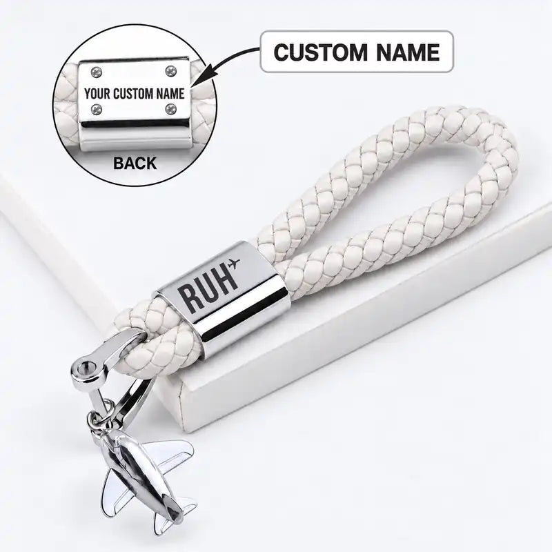 King Khalid International Airport (RUH) Leather Key Chains - Leather Key Chain - Braided Leather - Original Design - White + Name