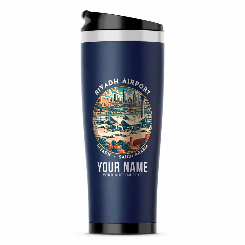 King Khalid International Airport (RUH) Travel Mugs - Badge + Name - Stainless Steel (No Holder) - Dark Blue