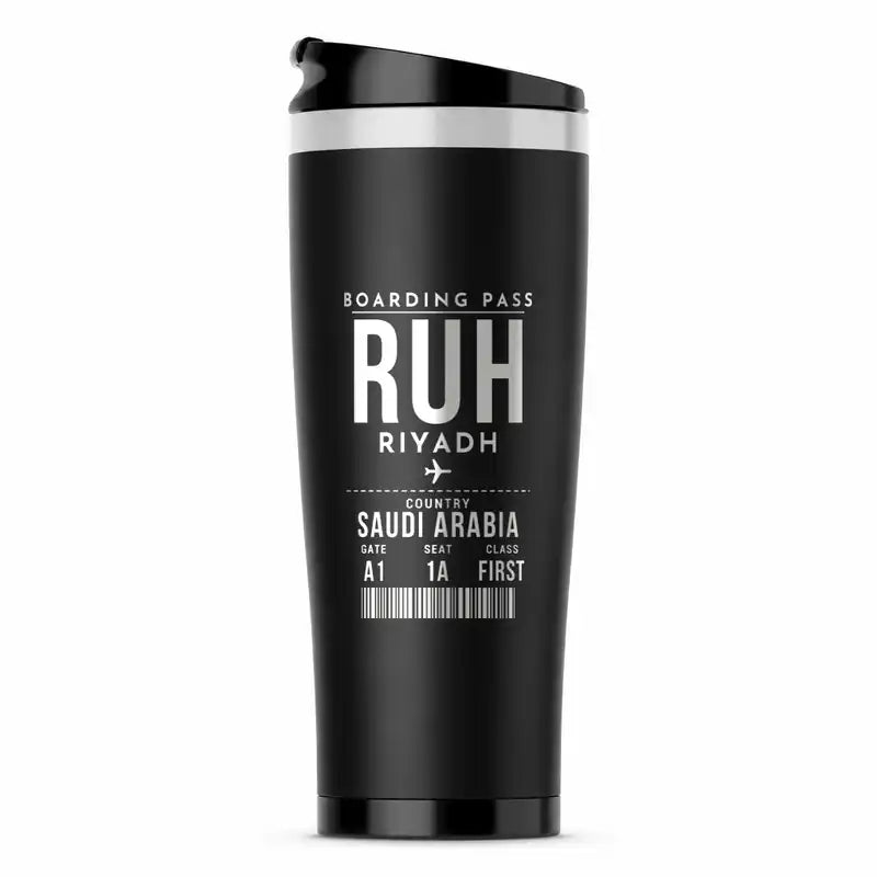 King Khalid International Airport (RUH) Travel Mugs - Boarding Pass - Stainless Steel (No Holder) - Black