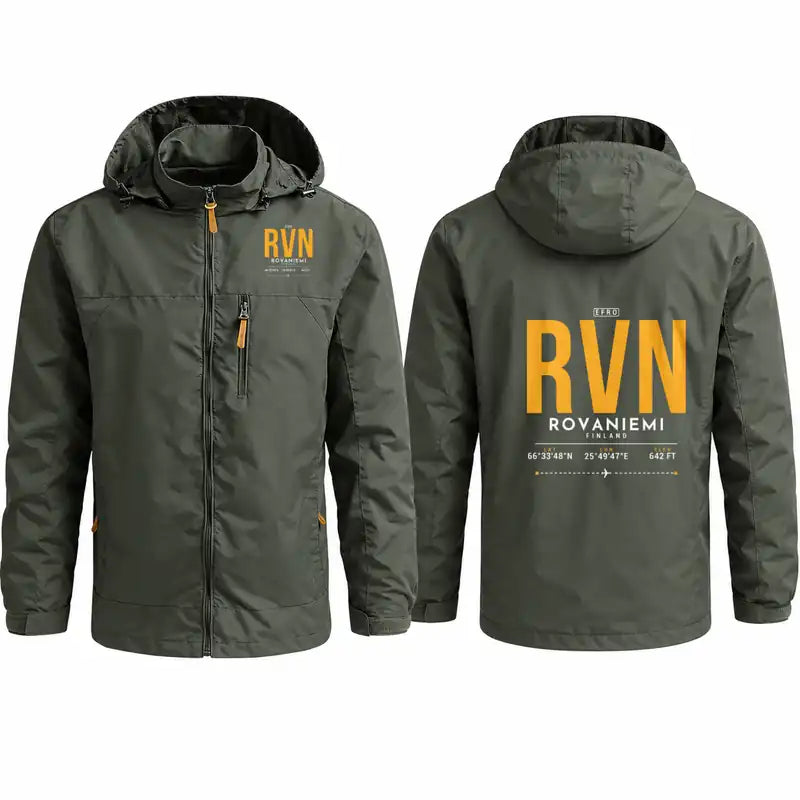 Rovaniemi Airport (RVN) Stylish Jackets - Hooded Windbreaker - Tag - Olive Green