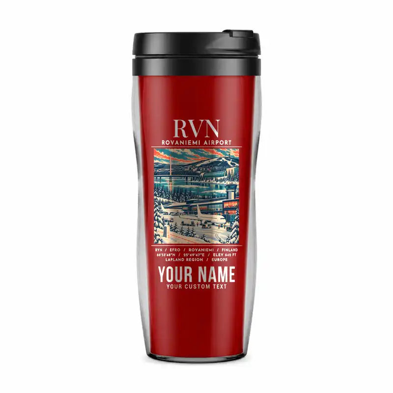 Rovaniemi Airport (RVN) Travel Mugs - Poster + Name - Plastic (No Holder) - Red