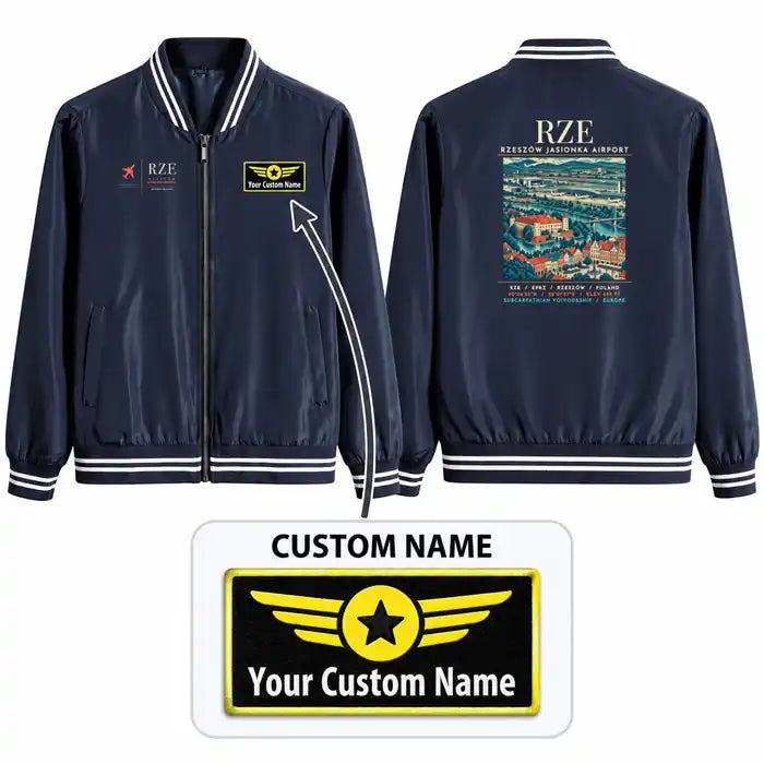 Rzeszów-Jasionka Airport (RZE) Stylish Jackets - Baseball Collar - Poster + Name - Navy Blue