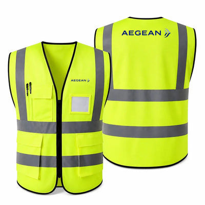 Aegean Airlines logo on fluorescent green reflective vest