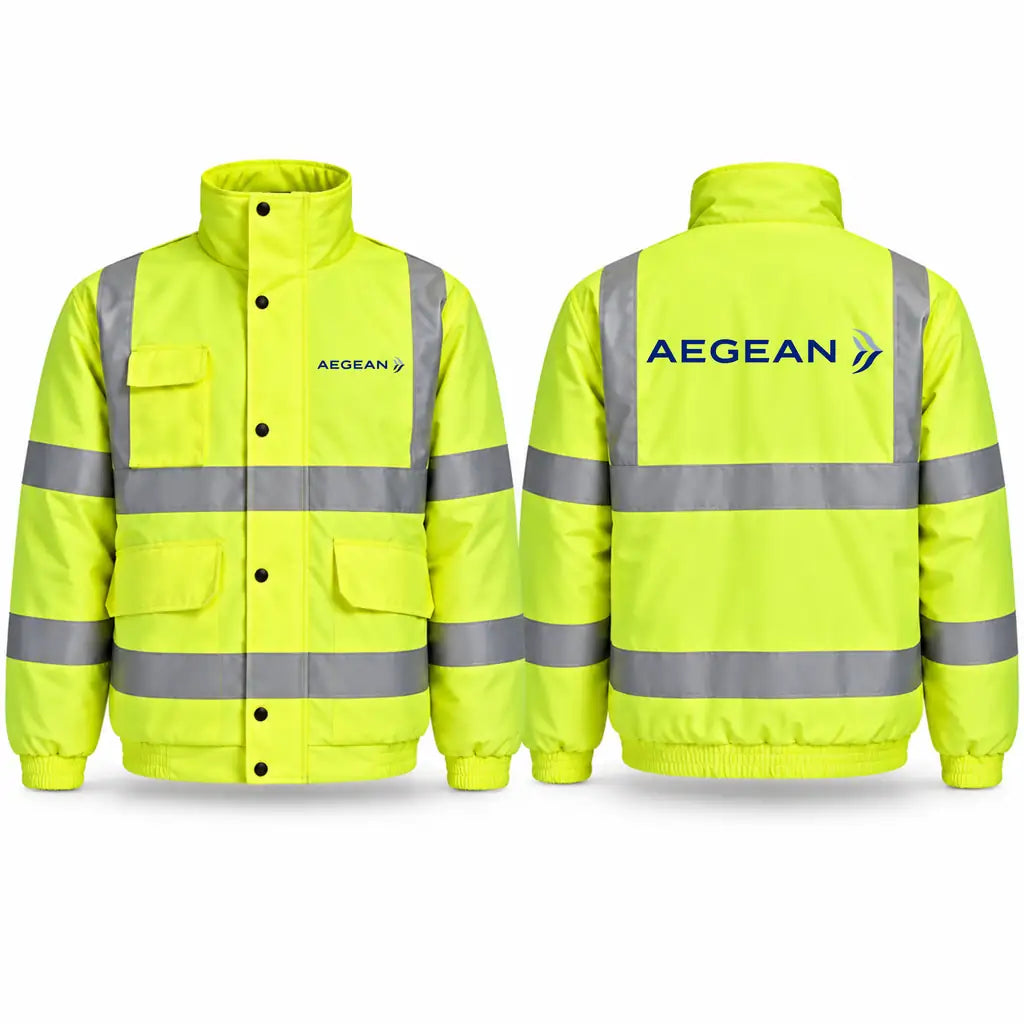 Aegean Airlines logo on fluorescent yellow reflective winter jacket