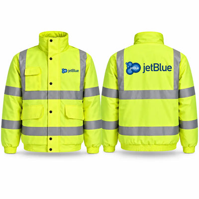 JetBlue Airways Airlines logo on fluorescent yellow reflective winter jacket