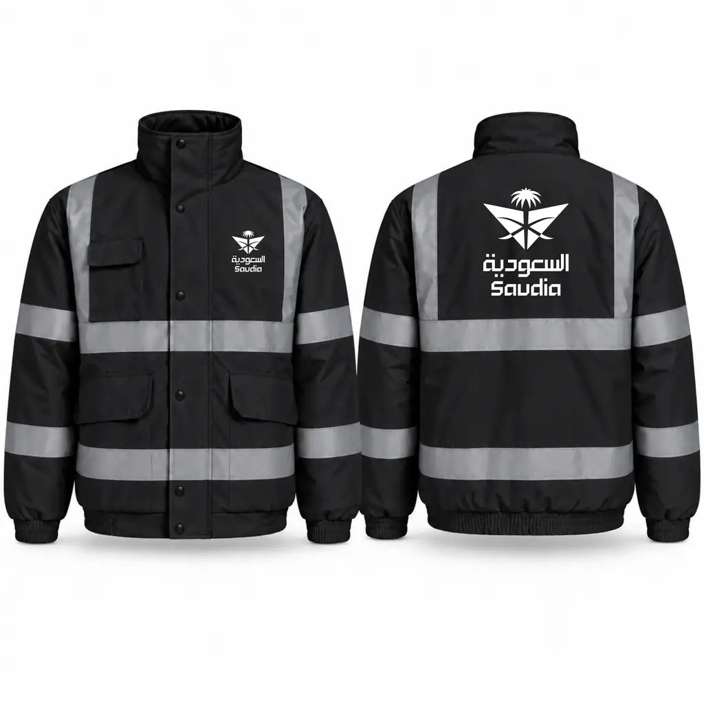 Saudi Arabian Airlines logo on black reflective winter jacket