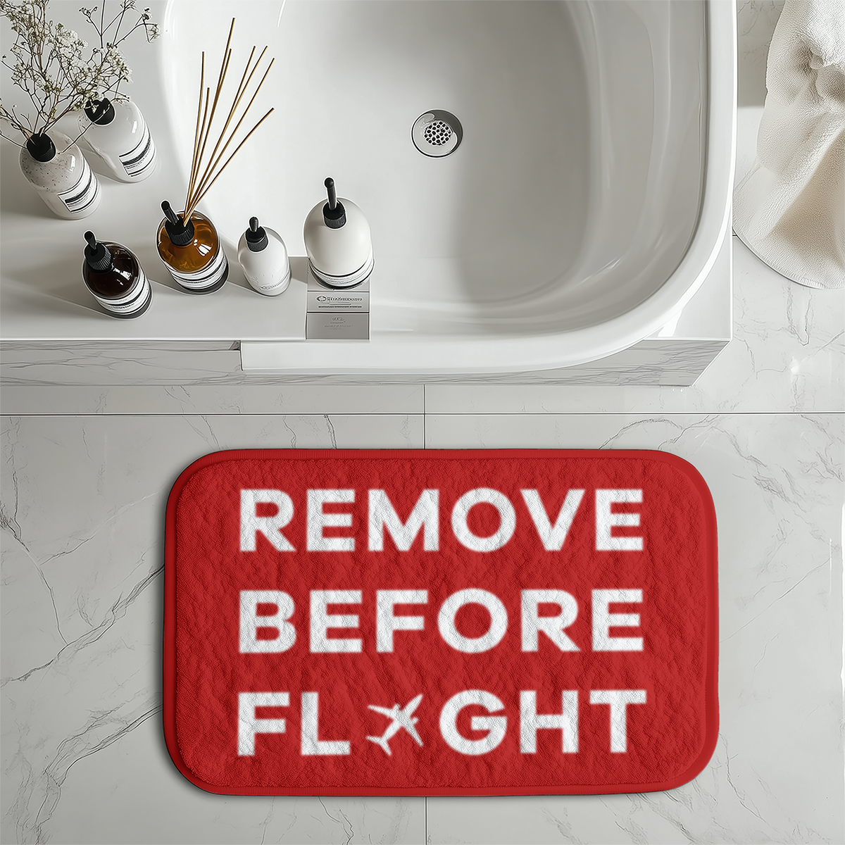 Remove Before Flight Designed Bath Mats