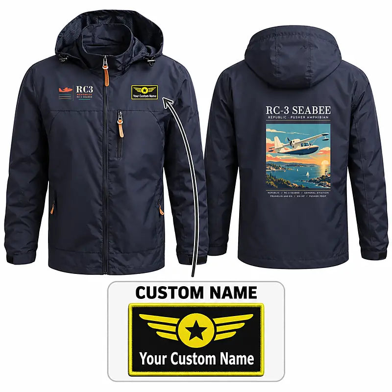 Republic RC-3 Seabee Stylish Jackets - Hooded Windbreaker - Poster + Name - Navy Blue