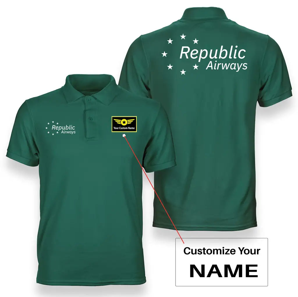 Republic Airlines logo on green + name double side polo t shirt