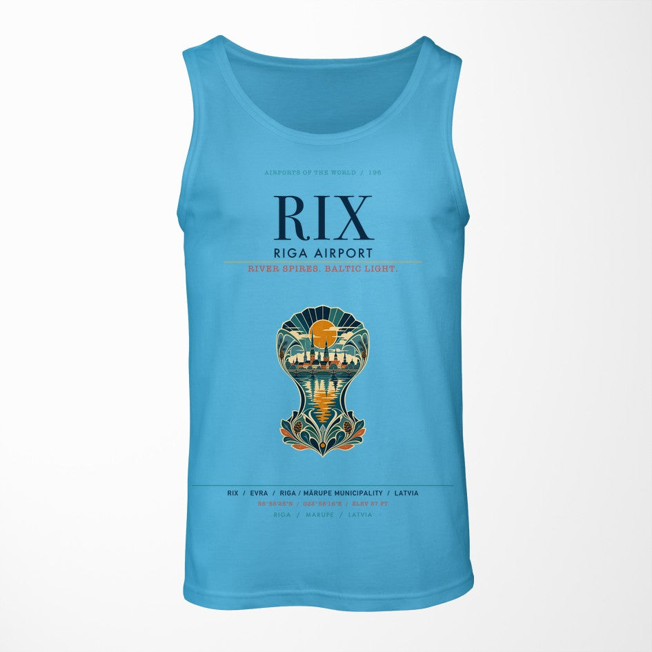 Riga Airport (RIX) design on sky blue tank top