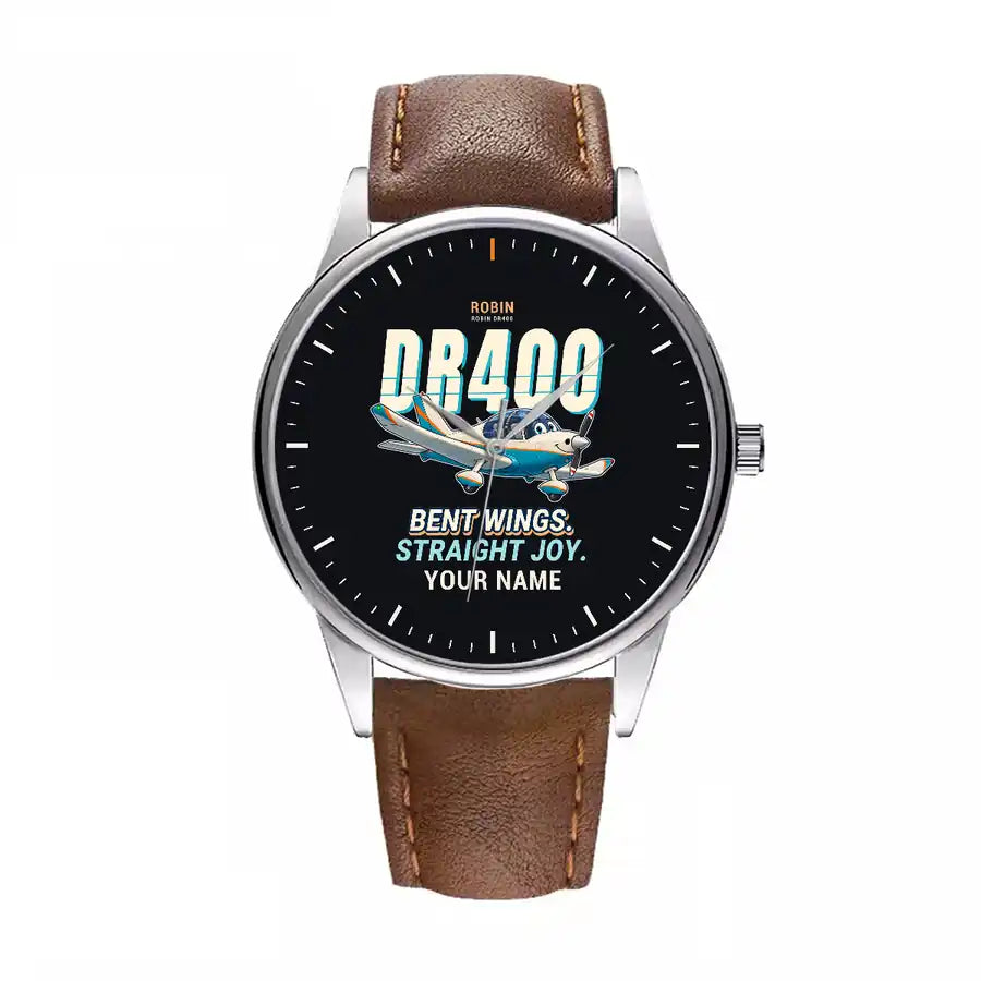 Robin DR400 - Cartoon + Name - Leather Strap - Brown Leather Strap