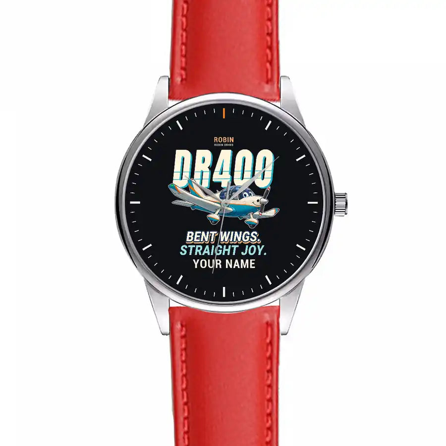 Robin DR400 - Cartoon + Name - Leather Strap - Red Leather Strap