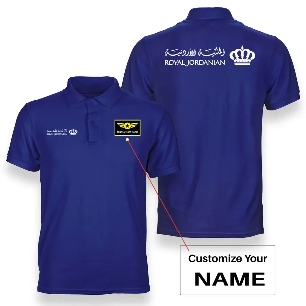 Royal Jordanian logo on blue + name double side polo t shirt