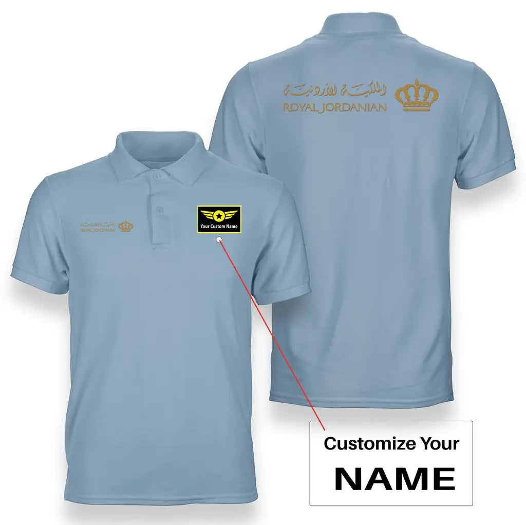 Royal Jordanian logo on light blue + name double side polo t shirt