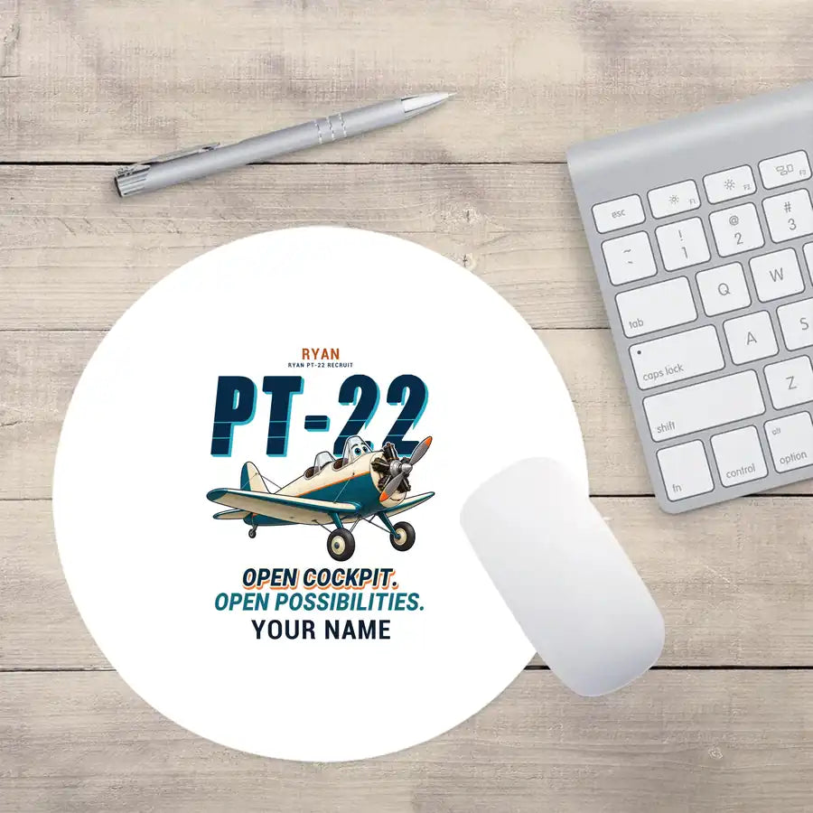 Ryan PT-22 Recruit - Cartoon + Name - Round Mouse Pad - White