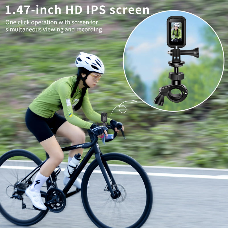 Waterproof 2K Thumb-Size Action Camera with 1.47″ HD Screen, Moto Mount