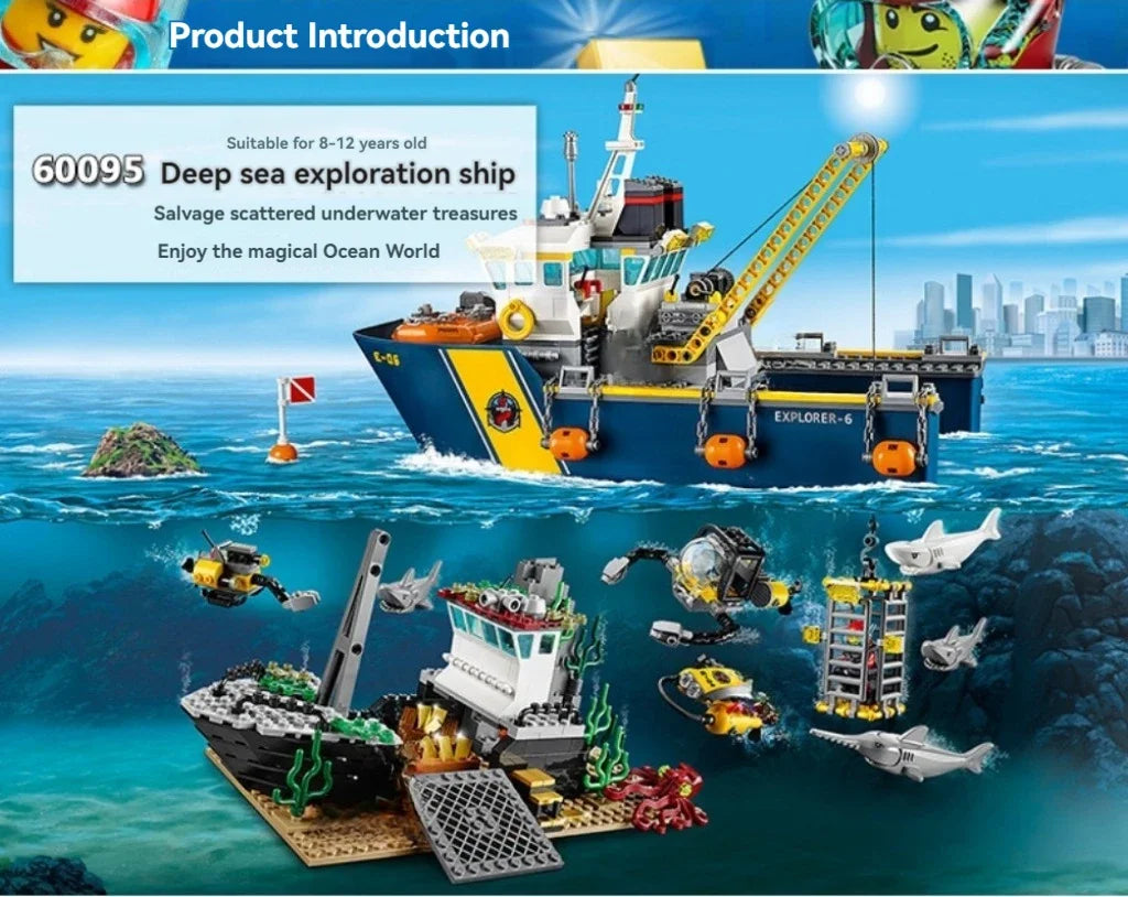 774pcs City Deep Sea Exploration Vessel Submarine Scuba Scooter Shipwreck Shark Building Block Toys Compatible With Model prese
