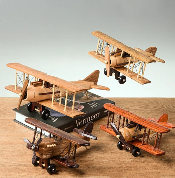 Solid Wood Retro Handmade Desktop Airplane Model Decoration