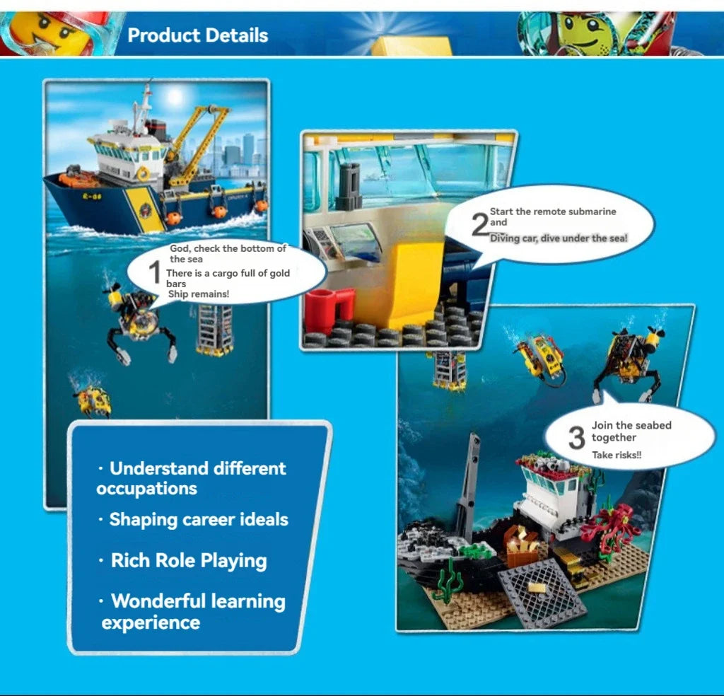 774pcs City Deep Sea Exploration Vessel Submarine Scuba Scooter Shipwreck Shark Building Block Toys Compatible With Model prese