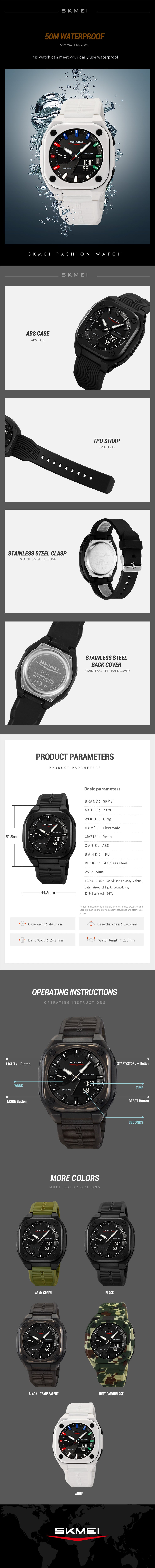 Countdown Daylight Saving Time with 5Alarm Clock Waterproof Digital Watch