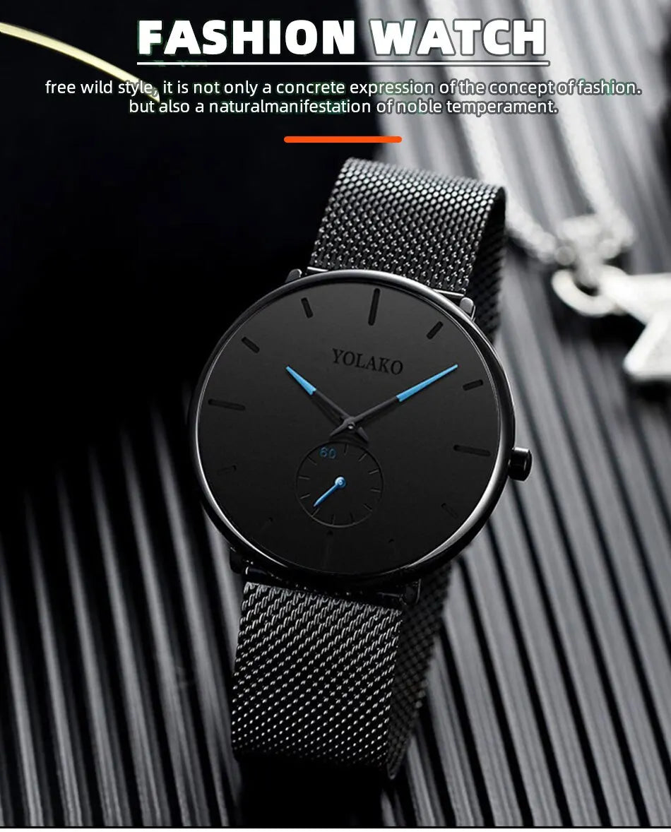 Watch for Men Quartz Watch Business Stainless Steel Mesh Strap Watches Men Popular Black Dial Simple Relojes Para Hombres