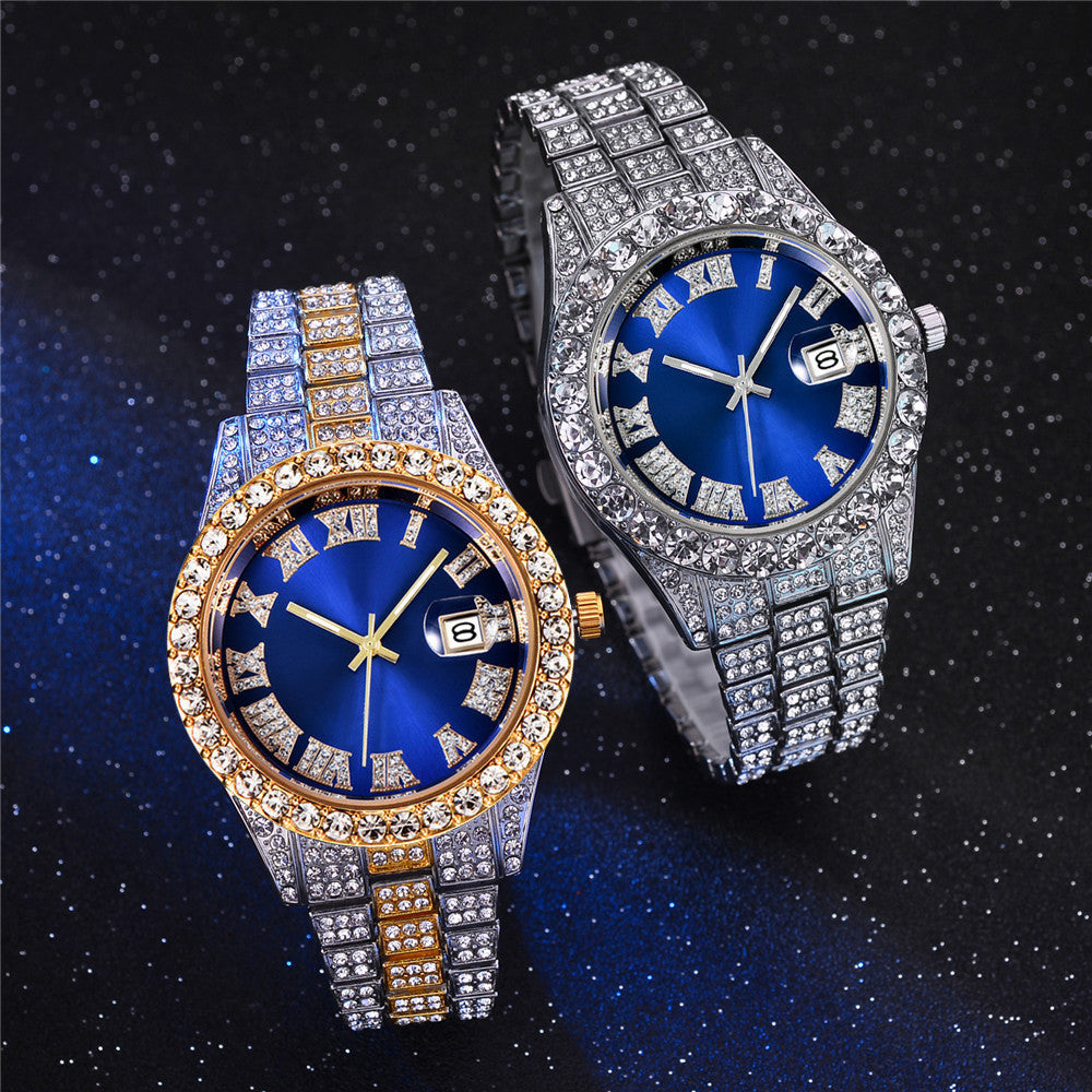 Steel Strap Roman Rhinestone Calendar Quartz Watch Fashion Male Wristwatch